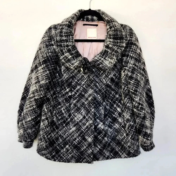 Rebecca Taylor Tweed Wool Alpaca Coat Gossip Girl Size 4 Black White Woven Plaid - Picture 1 of 16